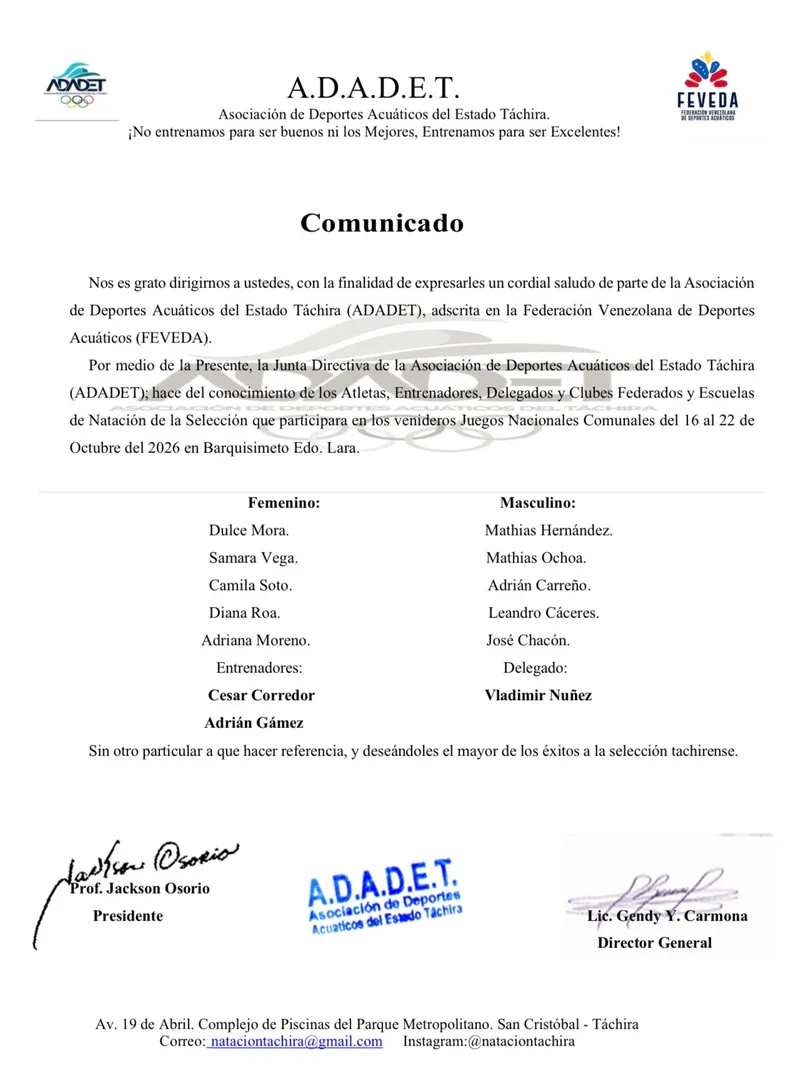 ADADET conforma la selección de natación que representará al Táchira en los Juegos Nacionales Comunales
