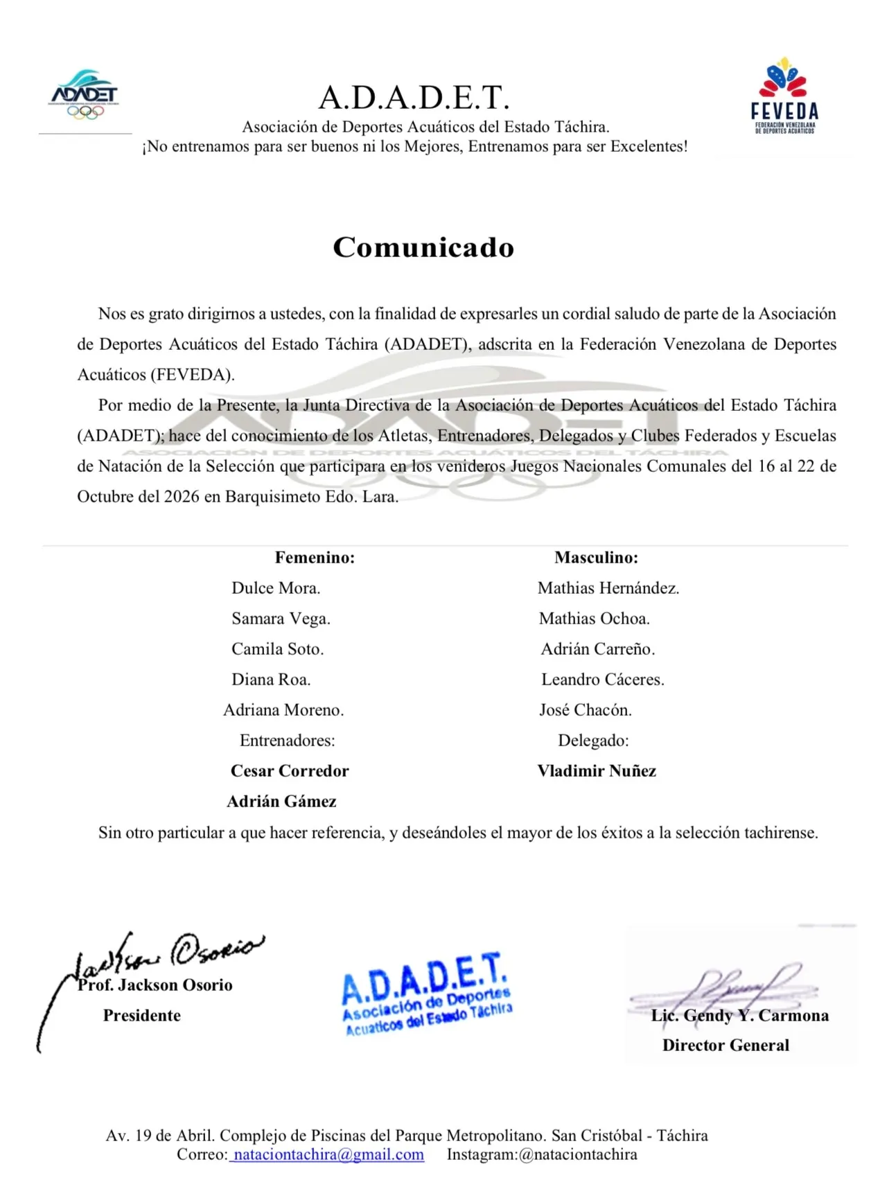 ADADET conforma la selección de natación que representará al Táchira en los Juegos Nacionales Comunales